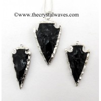 Black Obsidian 1.50" - 2" Rhodium Electroplated Arrowhead Pendants 